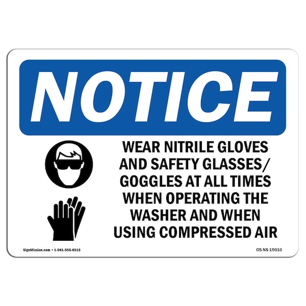 Signmission OSHA Sign, Wear Nitrile Gloves And Safety With Symbol, 24in X 18in Aluminum, 24" W, 18" H, Landscape OS-NS-A-1824-L-19010 - main